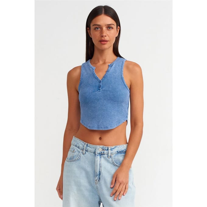 Dames Geribbelde Crop Blouse met Knopen
