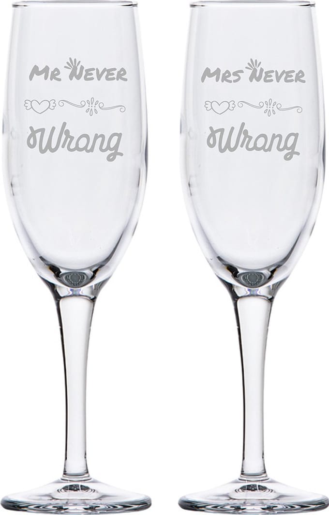 Gegraveerde set Champagneglazen 16,5cl Mr. Never wrong - Mrs. Never wrong