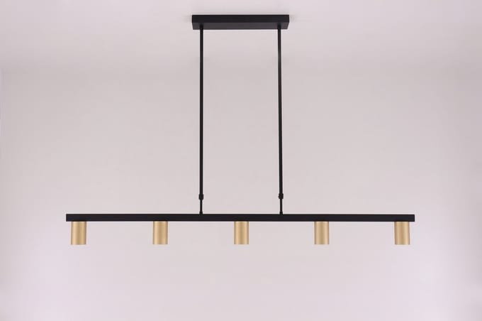 Hanglamp strak zwart met 5 gouden Gu10 spots - 140cm