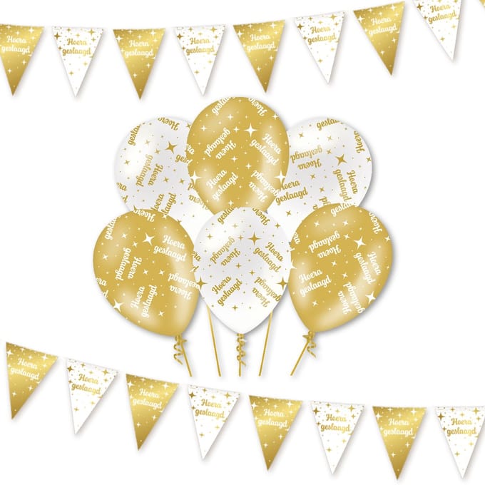 Q2P - Geslaagd - Slingers - Ballonnen - Wit & Goud Set - Feest Versiering - Helium Ballon