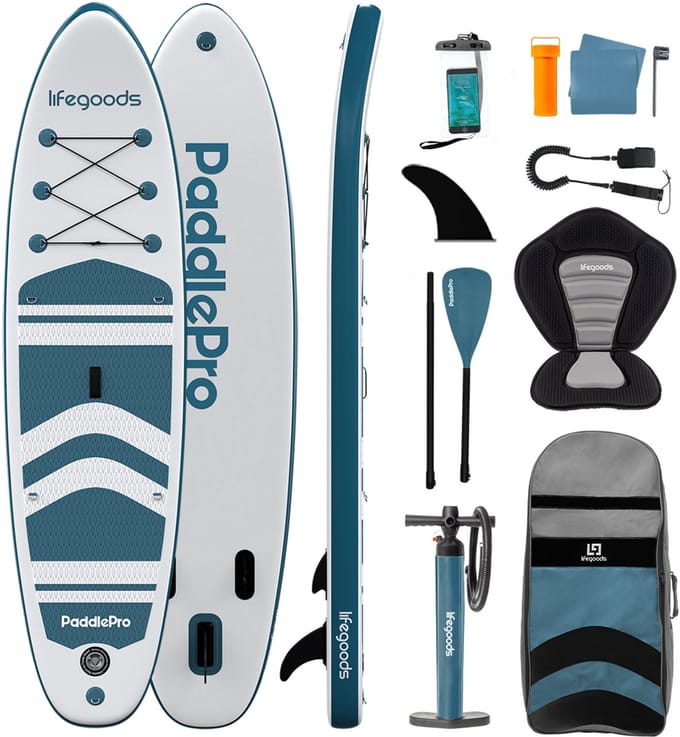LifeGoods PaddlePro SUP Board - met Zitje - Opblaasbaar Paddle Board - Complete Set - Max. 150KG - 320x81cm - Wit/Deep Aqua