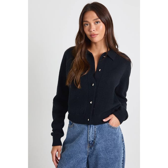 boohoo Dames Heart Button Collared Knitted Cardigan | Zwart | Maat: Small