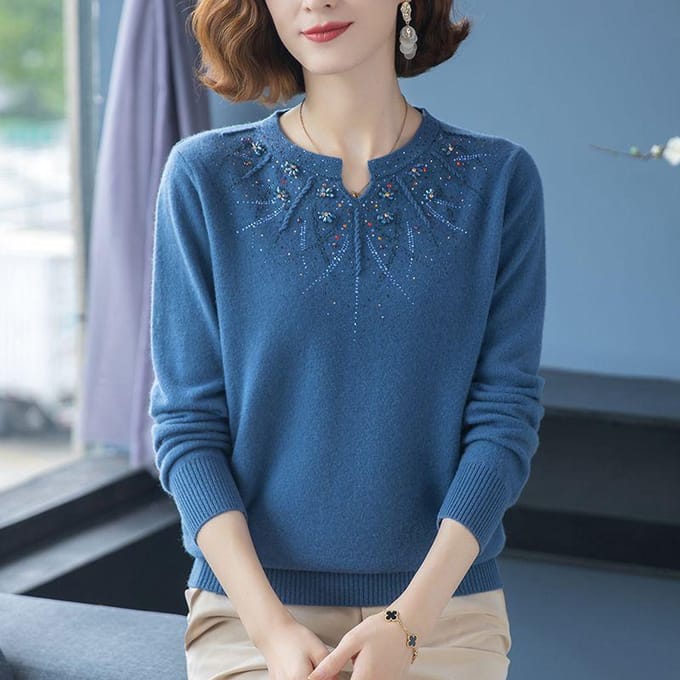 Pull tricoté en cachemire brodé de losanges, pull ample surdimensionné pour femme 2XL bleu
