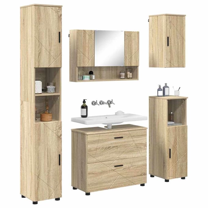 vidaXL - Badkamermeubel - Set - 5 - pcs - Sonoma - Eik - Samengesteld - Hout - en - Metaal