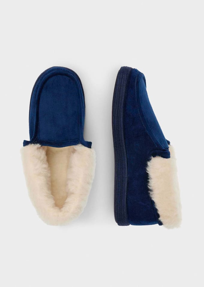 Pluche pantoffels met scheerwol - marine - Gr. 41 van Goldner Fashion