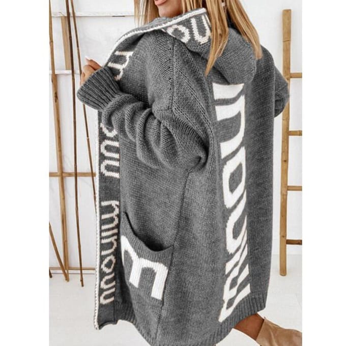 Gebreide trui Winter Medium Lengte Cardigan Letter Capuchon Gebreide Damestrui S gray