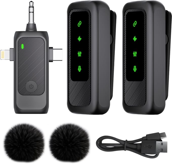 Nuvance Draadloze Microfoon - 2 Stuks - Microfoon Draadloos - Mini Dasspeld Microfoon - Lavalier - 3 in 1 - Incl. 2 Windshields