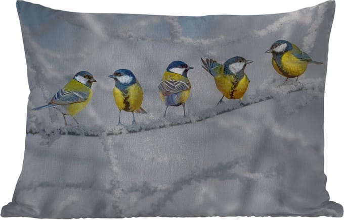 Buitenkussens - Tuin - Vogel - Koolmees - Winter - Sneeuw - Takken - 50x30 cm