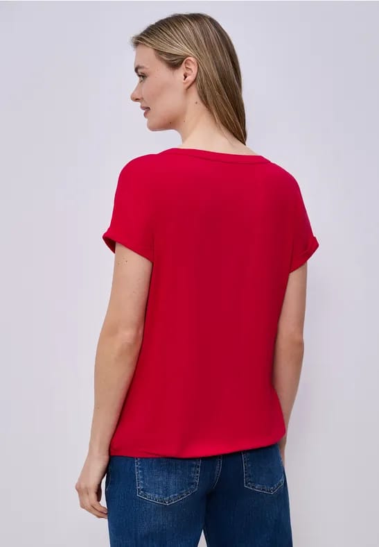 T-shirt met split neck en elastische zoom