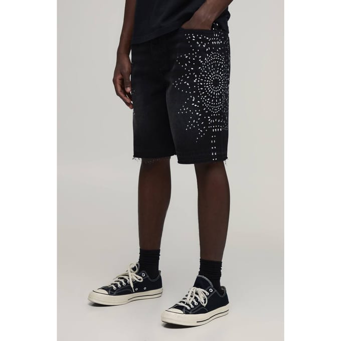 Relaxed Denim Shorts Met Strassteentjes En Ruwe Zoom | Washed Black | Size 34