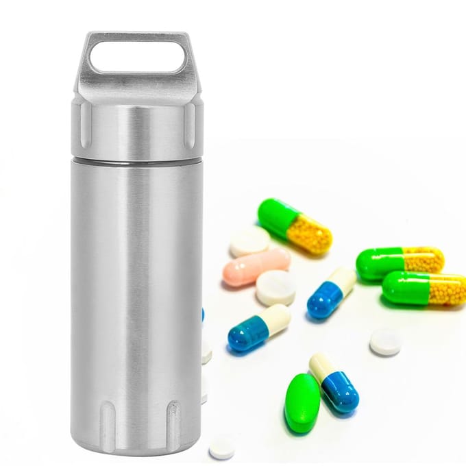 Draagbare Waterdichte Roestvrijstalen Pillendoos Container Fles Sleutelhanger voor Ouderen(Staal white