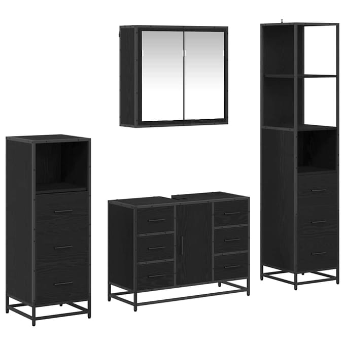 vidaXL - Badkamermeubel - Set - 4 - st - Zwart - Eiken - Bewerkt - hout