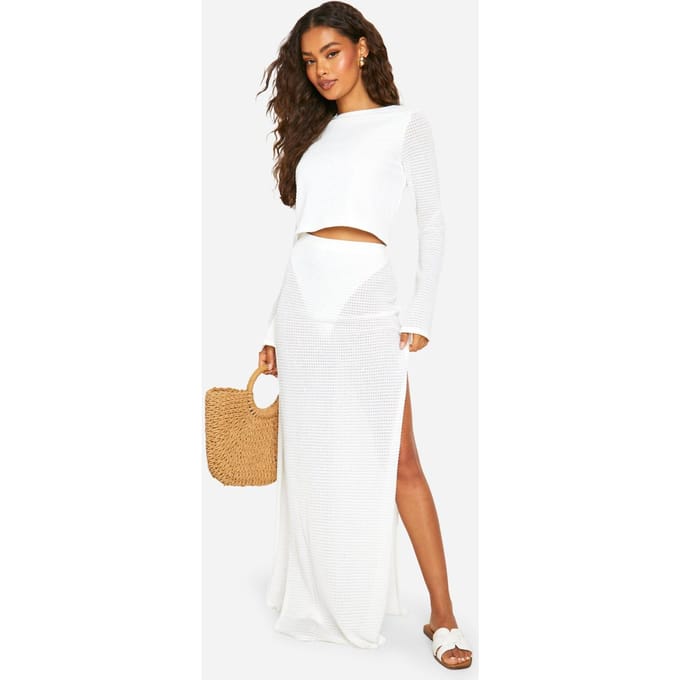 boohoo Dames Gebreide Maxi Rok | Wit | Maat: 40