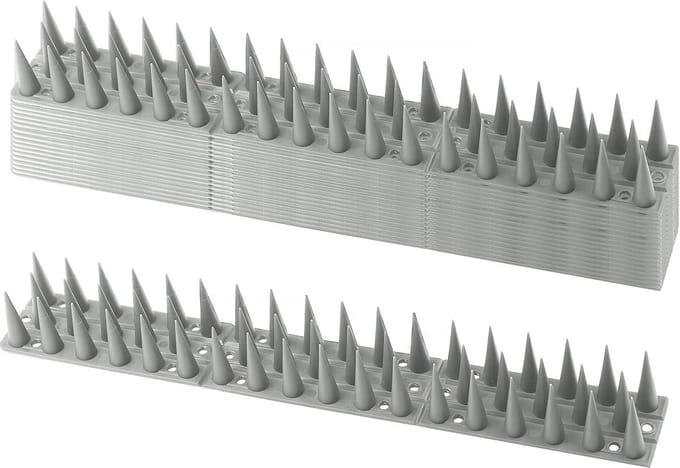 Vogelverjager - Vogelafweer - 14 stuks vogelafweer duivenafweer, 4,6 meter vogelafweer spikes 3 rijen kunststof dierenafweer spikes voor katten, spatten, marters, hek, vensterbank, dak, grijs, 3,5 cm hoog