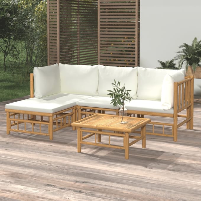 vidaXL - 5-delige - Loungeset - met - kussens - bamboe - crèmewit