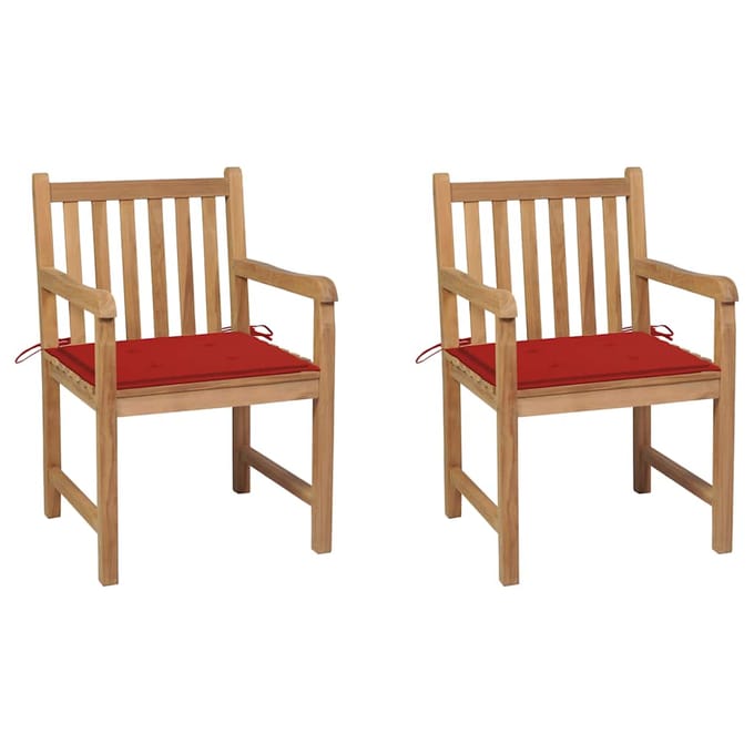 vidaXL - Tuinstoelen - 2 - st - met - rode - kussens - massief - teakhout