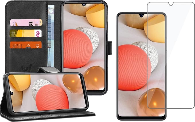 Hoesje geschikt voor Samsung Galaxy A42 - Screen Protector GlassGuard - Book Case Kunstleer Pasjeshouder Zwart & Screenprotector
