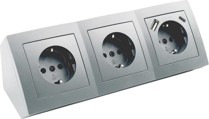 MC POWER - Socket Block, Base Sockets, Flair, 3-Way Socket + USB-C/A, 15 cm Cable with Crown Clamp, 250 V ~ / 16 A, Surfaced, Anthracite Matt