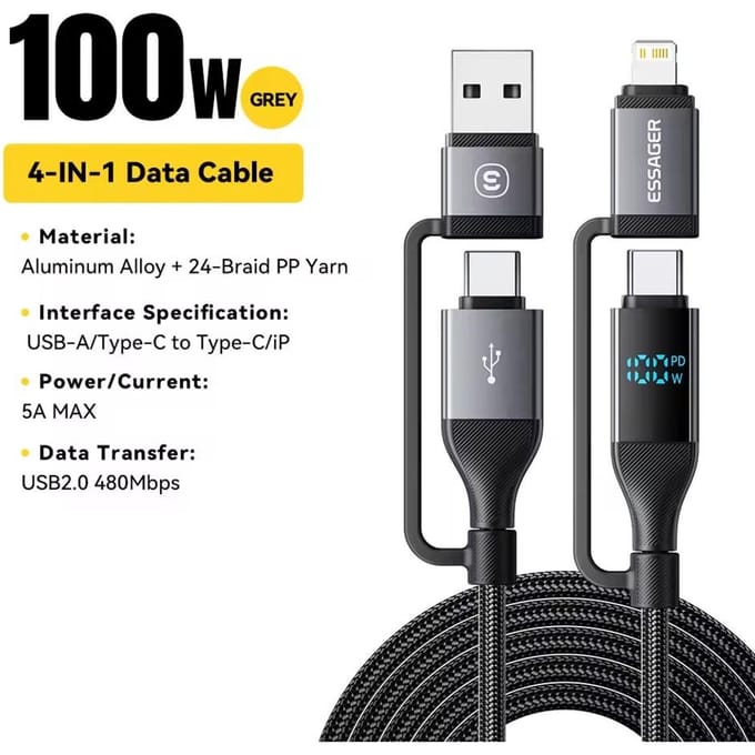 Essager 4-in-1 Type C naar Type C Kabel 100W PD Snellaadkabel USB Type C Kabel voor iPhone 16 15 14 Pro iPad Samsung Xiaomi 15