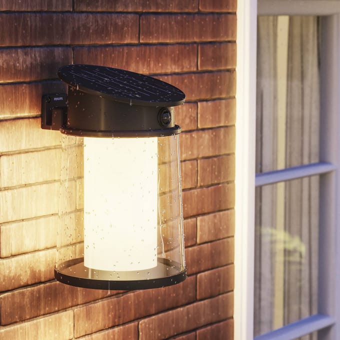 Philips Juda Wandlamp - UltraEfficient LED - Solar buitenlamp - Warmwit licht 2700K - Zwart - Rond ontwerp - Bewegingssensor - Zonne-energie - Schemersensor