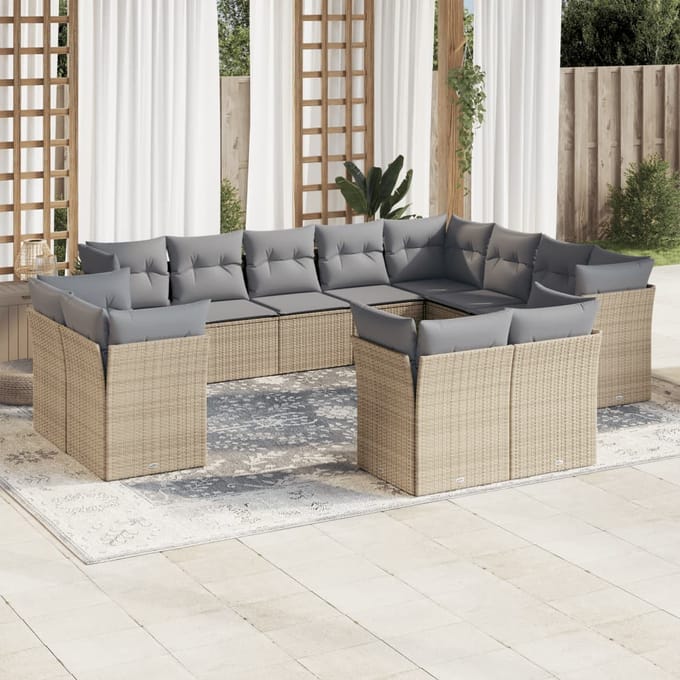 vidaXL - 12-delige - Loungeset - met - kussens - poly - rattan - beige