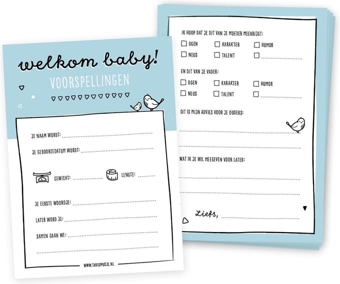 Babyshower invulkaarten - 20 stuks - Blauw - Jongen - Thuismusje