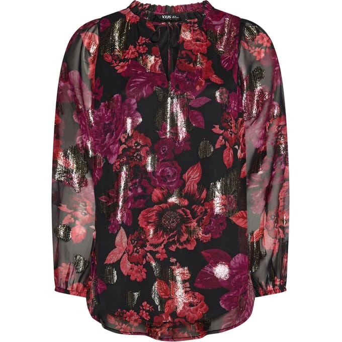 Yours Zwarte Blouse Met Bloemenprint En Ruches Bij De Hals Size 48
