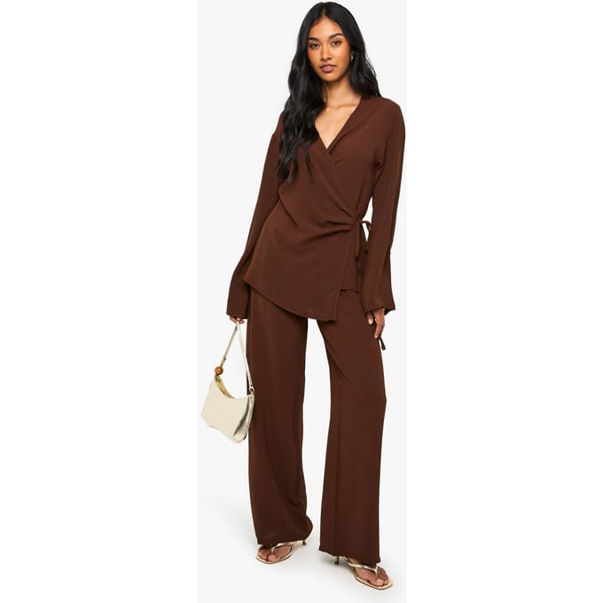 boohoo Dames Geweven Wikkeltop & Broek Set | Chocoladebruin | Maat: 36