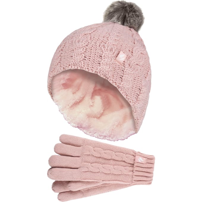 Heat Holders Meisjes Cable Bobble Muts En Handschoenen Set - Schemerig Roze