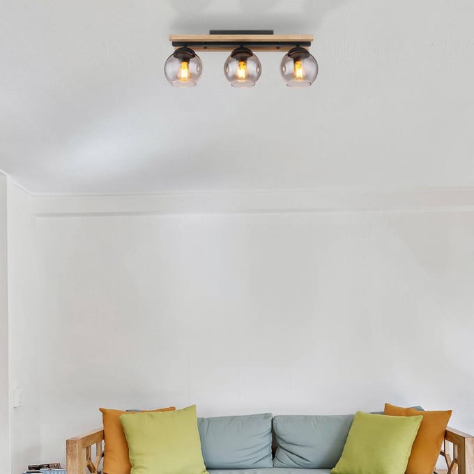 Globo Conni plafondlamp, lengte 60 cm, rookgrijs, hout/glas, 3-lamps.