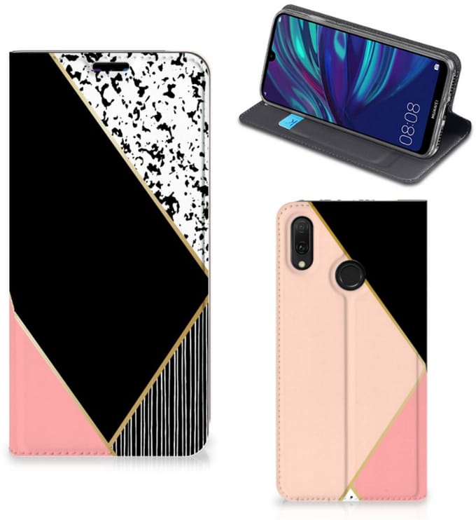 Huawei Y7 hoesje Y7 Pro (2019) Stand Case Zwart Roze Vormen