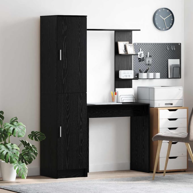 vidaXL - Bureau - met - plank - met - opslag - met - de - deur - 2 - st - Zwart - Eiken