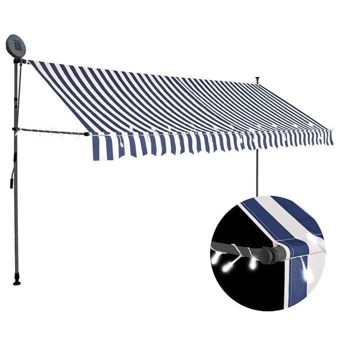 vidaXL - Luifel - handmatig - uitschuifbaar - met - LED - 350 - cm - blauw - en - wit