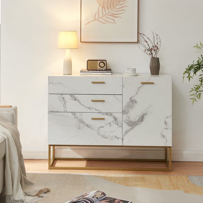 Sideboard Lavangen commode 75x100x35 cm marmerlook wit en goudkleurig [en.casa]