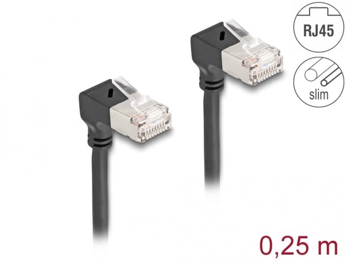 Delock RJ45 Network Cable Cat.6A S/FTP Slim 90° downwards / downwards angled 0.25 m black