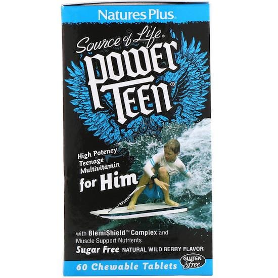 Nature's Plus Source de vie, Power Teen, pour lui, sans sucre, saveur naturelle de baies sauvages, 60 comprimés à croquer