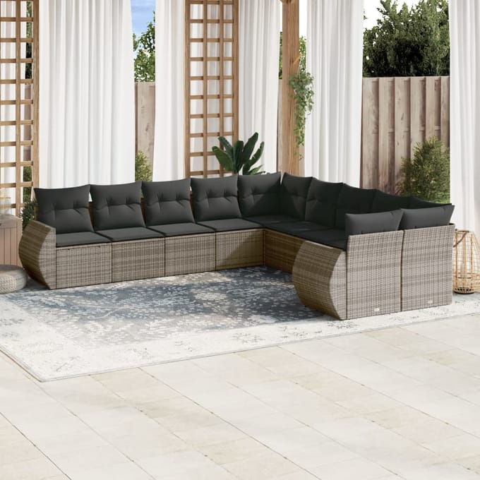 vidaXL - 10-delige - Loungeset - met - kussens - poly - rattan - grijs