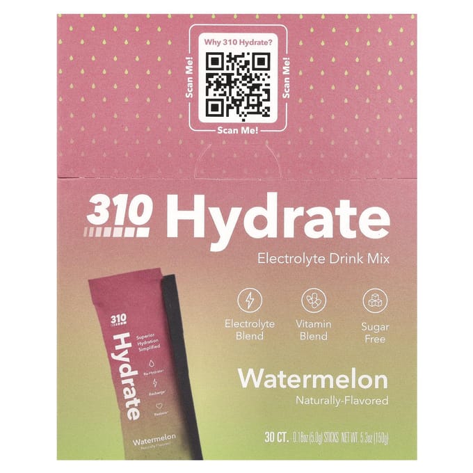 310 Nutrition, 310 Hydrate, Mélange pour boisson électrolytique, Saveur pastèque, 30 sticks, 0,18 oz (5 grammes) Chaque