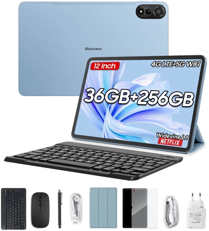 Blackview MEGA 2 Tablet Sets - 12 Inch - 36GB RAM - 256GB - 9000mAh - Android 15 - 4G LTE - Widevine L1 - Blauw