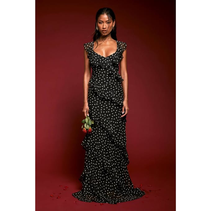 boohoo Dames Chiffon Ruffle Polka Dot Bandjes Maxi Jurk | Zwart | Maat: 38