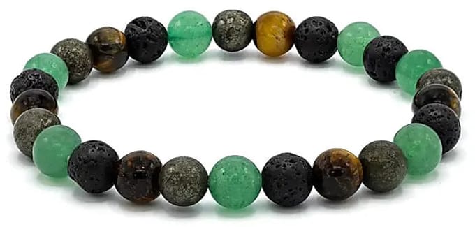 Armband voor brede pols met groene kwarts, lavasteen, tijgeroog en pyriet