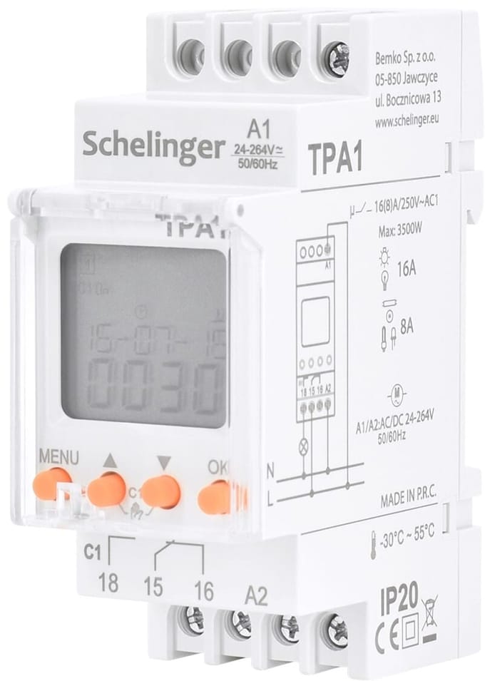 Schelinger Astronomische Tijdschakelaar - 24-264V AC/DC - 1-kanaals - DIN-rail - 16A - IP20