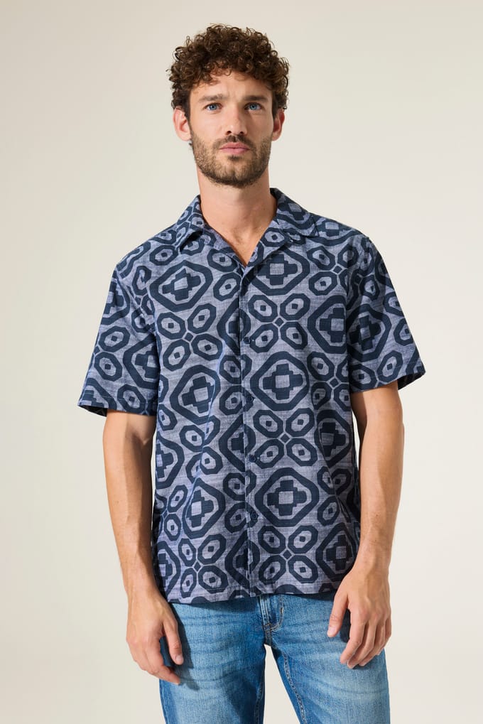 GARCIA Heren Print Overhemd Blauw Korte mouw