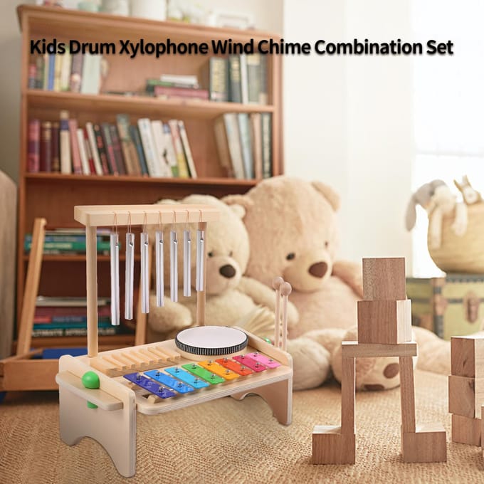 Windgong Combinatieset Kinderdrumset Windgong Xylofoon Trommel Hout Guiro Schraper 4-in-1 Muzikaal beige