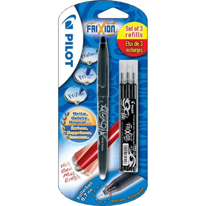 Rollerpen PILOT friXion medium zwart blister à 1 stuk + 3 vullingen
