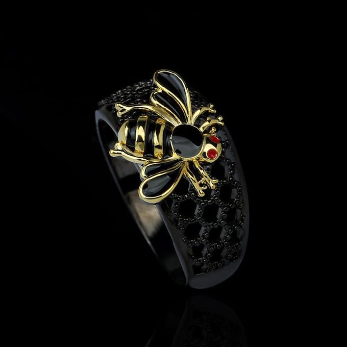 Modieuze Nieuwe Gepersonaliseerde Zwarte Kleine Bij Ring Diamant Emaille Handgemaakte Ring No. 10 black