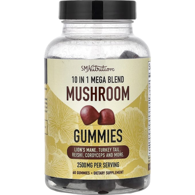 SMNutrition, 10-in-1 Gemengde Paddenstoelen Gummies, Frambozensmaak, 60 Gummies