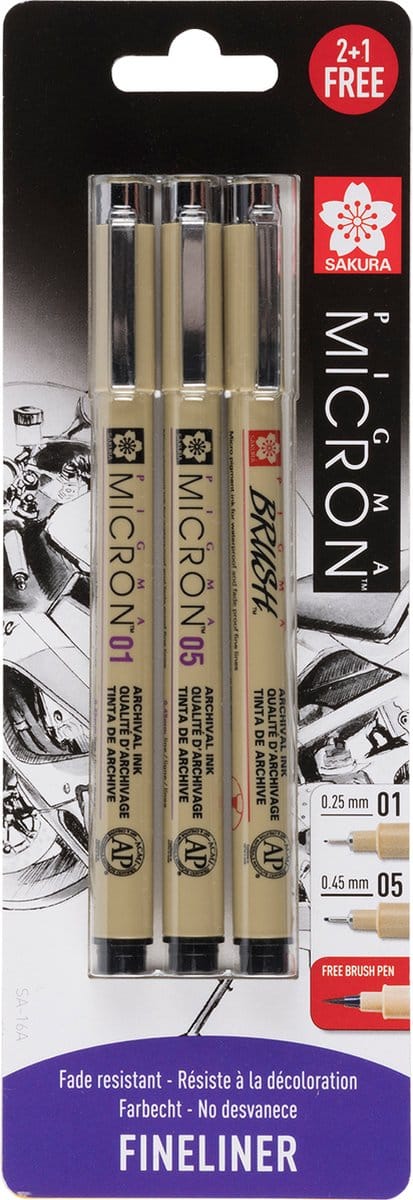 Sakura Pigma micron set - Zwart 01, 05 & gratis brush pen