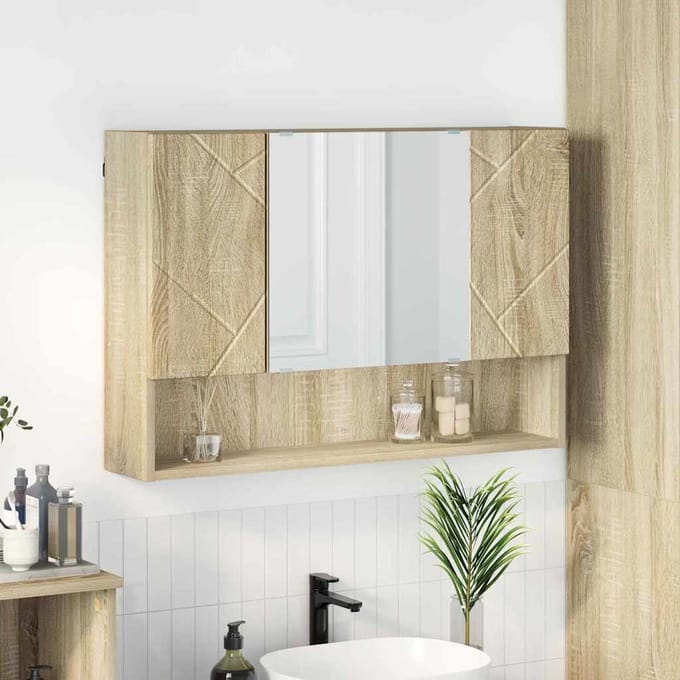 vidaXL - Spiegelkast - met - opslag - Sonoma - Eik - 80 - x - 17 - x - 55 - cm - Bewerkt - hout