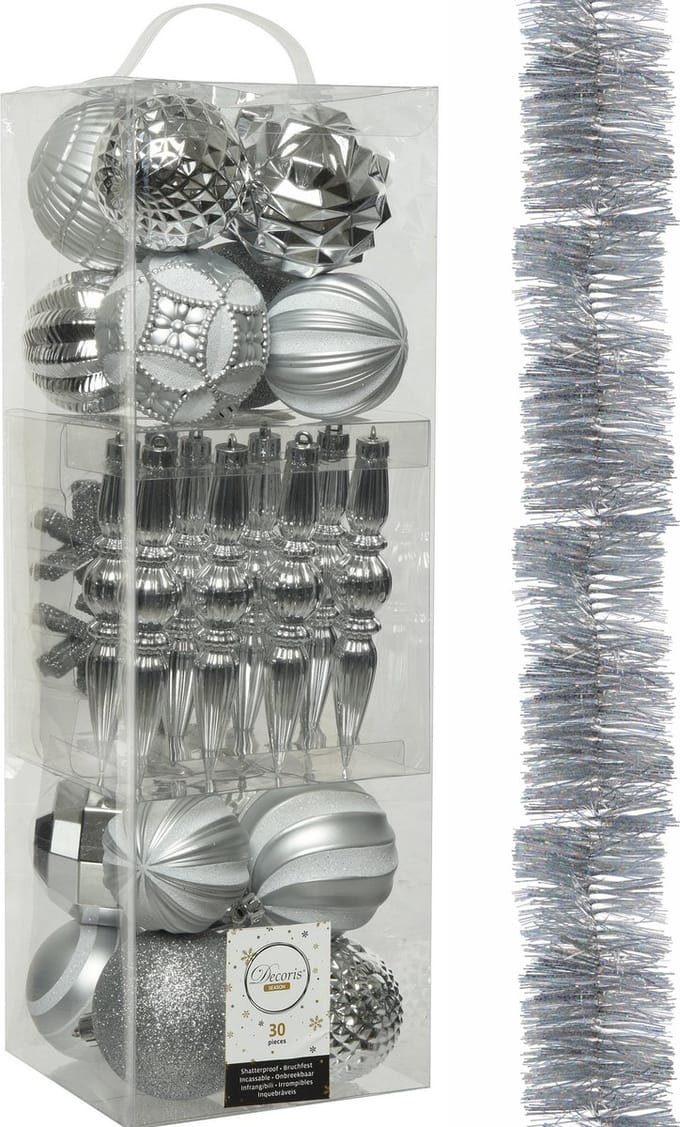 Decoris - kerstballen en slinger - 31x st - zilver kunststof